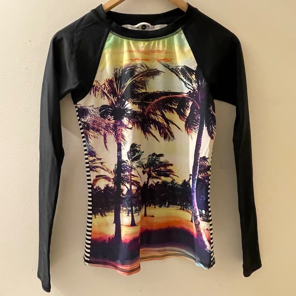 Roxy Kids Swim Rash Guard Top Palm‎ Tree Print Long Sleeve Surfing Beach